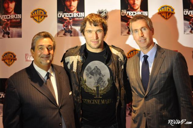 Washington Capitals owner Ted Leonsis, team captain Alex Ovechkin, and NHL Executive VP Brian Jennings smile for the cameras at last night's release party.